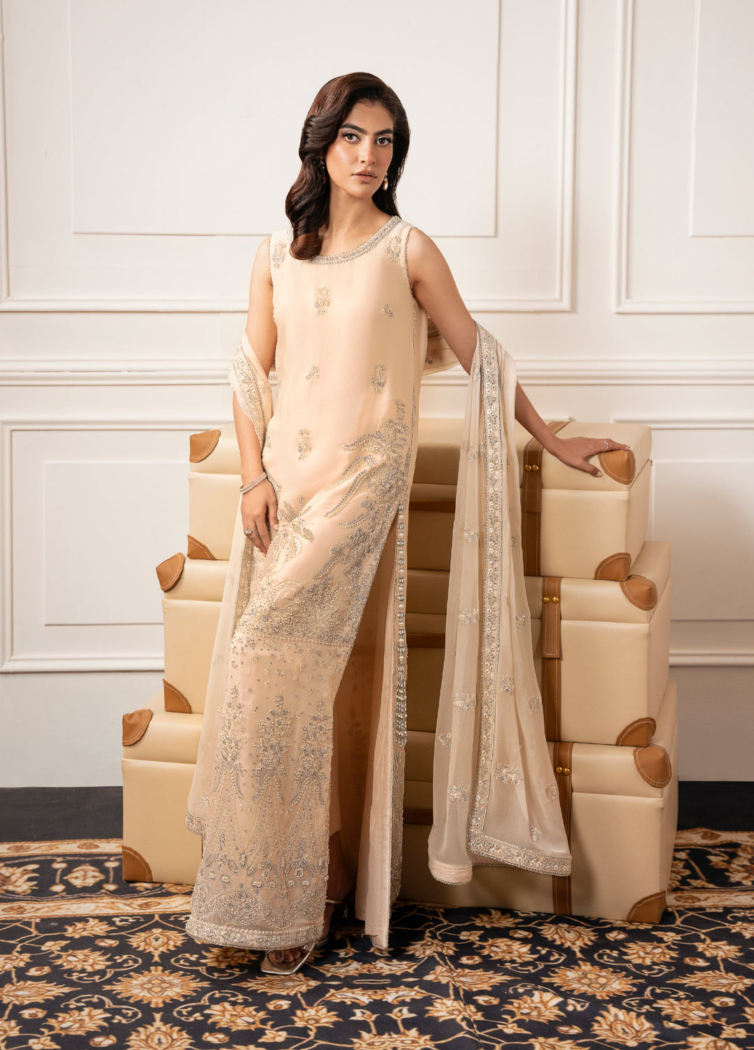 Check In by Zarizaa Embroidered Chiffon 3 Piece Suit ZZ26UCI CREME - Festive Collection