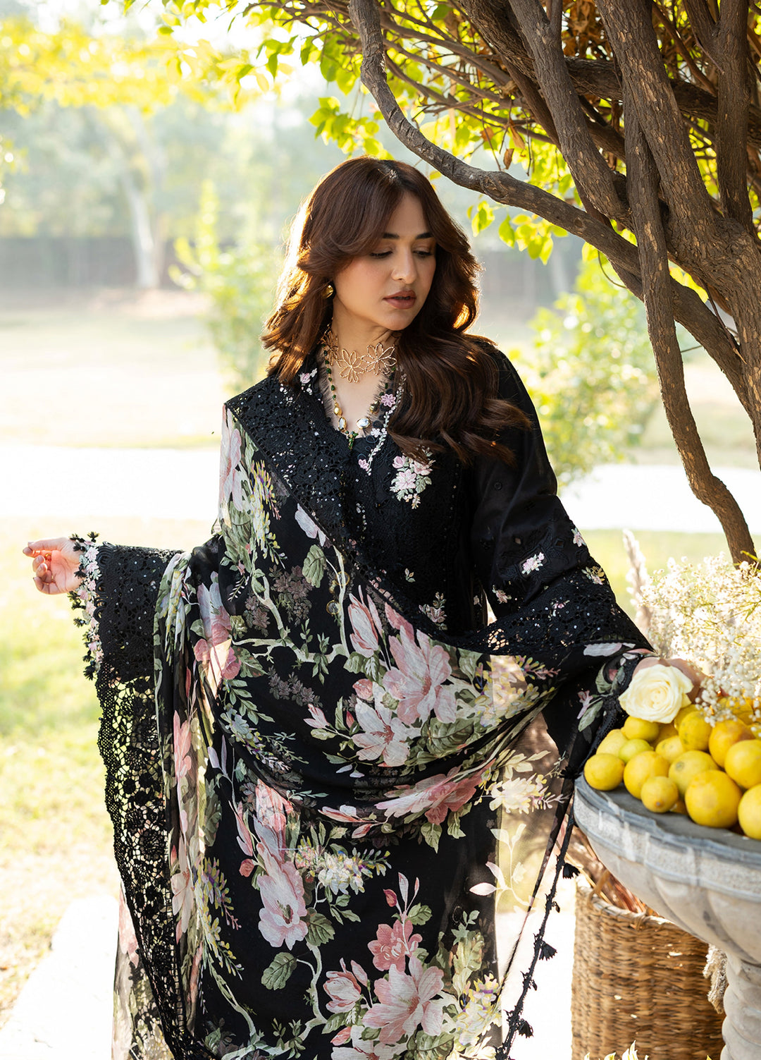 Elaf Premium Unstitched Embroidered Luxury Lawn 3 Piece Suit EL26UPL ELY-2B MIDNIGHT BLOSSOM - Summer Collection