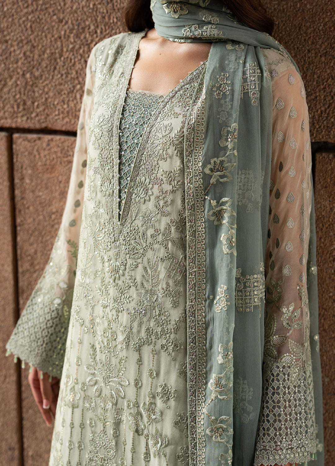 Lazawal by Lavish Premium Unstitched Embroidered Chiffon 3 Piece Suit LVP26UCL Pistachio Pearl - Festive Collection