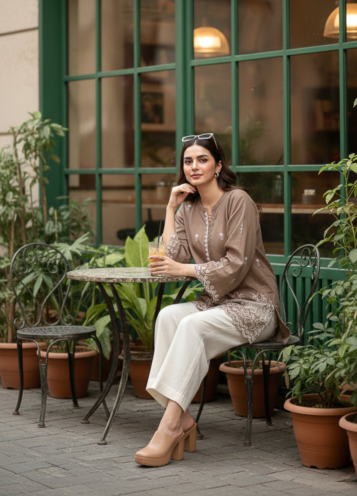 Lakhany Women Pret Embroidered Cambric Shirt Brown - Winter Collection
