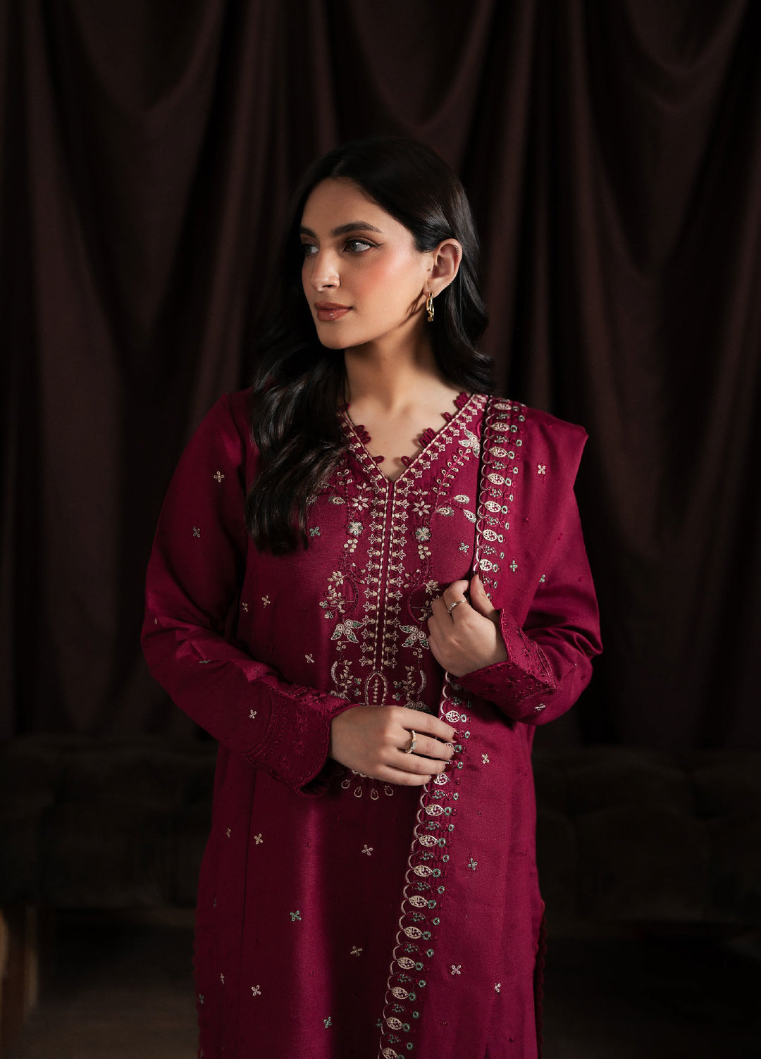 Neeshay Winter Reverie Unstitched Karandi Embroidered Suits 3 Piece NSH25WR Merlot - Winter Collection