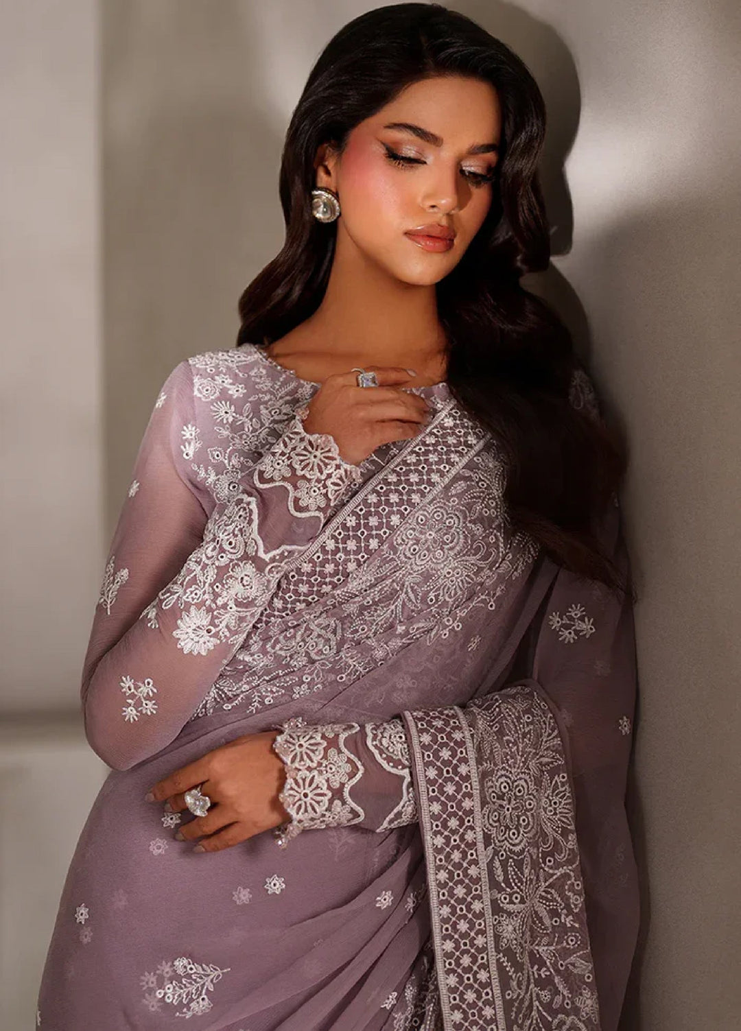 Zarif Women Unstitched Embroidered Chiffon Saree ZR26UFC ZE-MT-05 Niora - Festive Collection