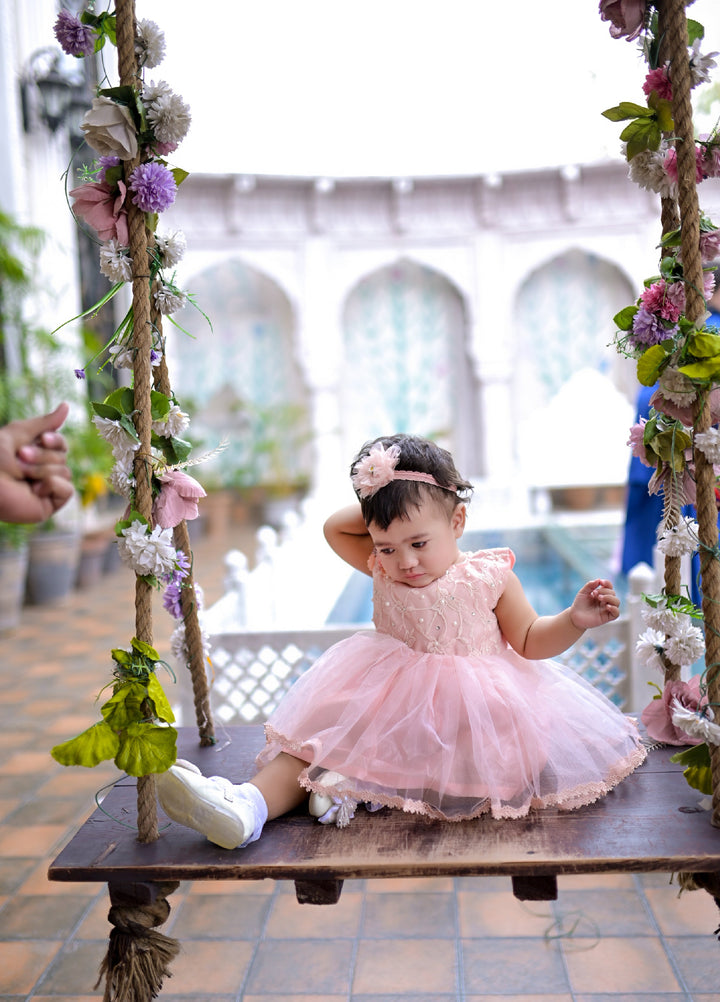 Andaz e Jahan by Qurratulain Saqib Pret kids Bareeze Net 1 Piece Embroidered Baby Frock - Wedding Collection