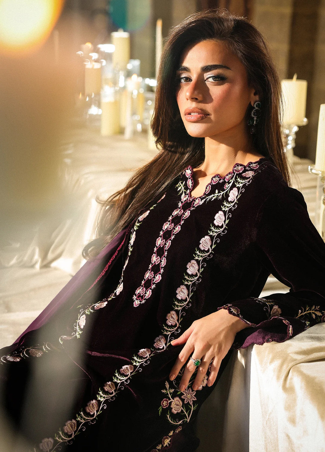 Elayra by Sahar Pret Velvet 3 Piece Embroidered Aubergine Noir - Festive Collection