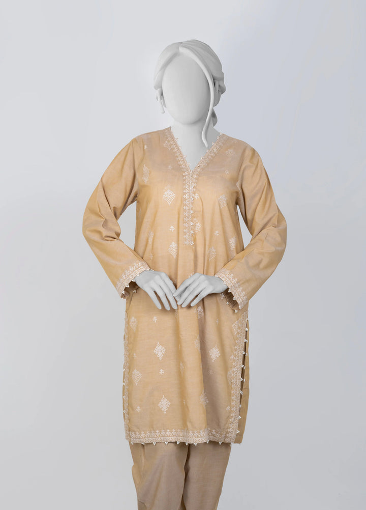 Ayla Studio Women Pret Chambray Solid Embroidered 2-Piece RTW Beige - Winter Collection