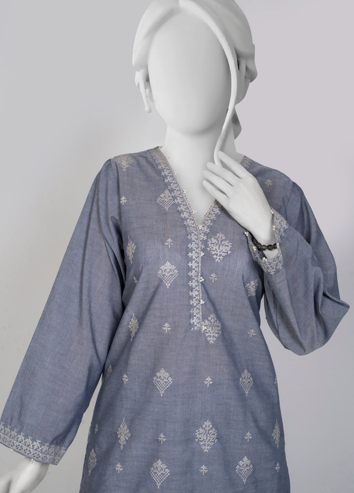 Ayla Studio Women Pret Chambray Solid Embroidered 2-Piece RTW Charcoal - Winter Collection