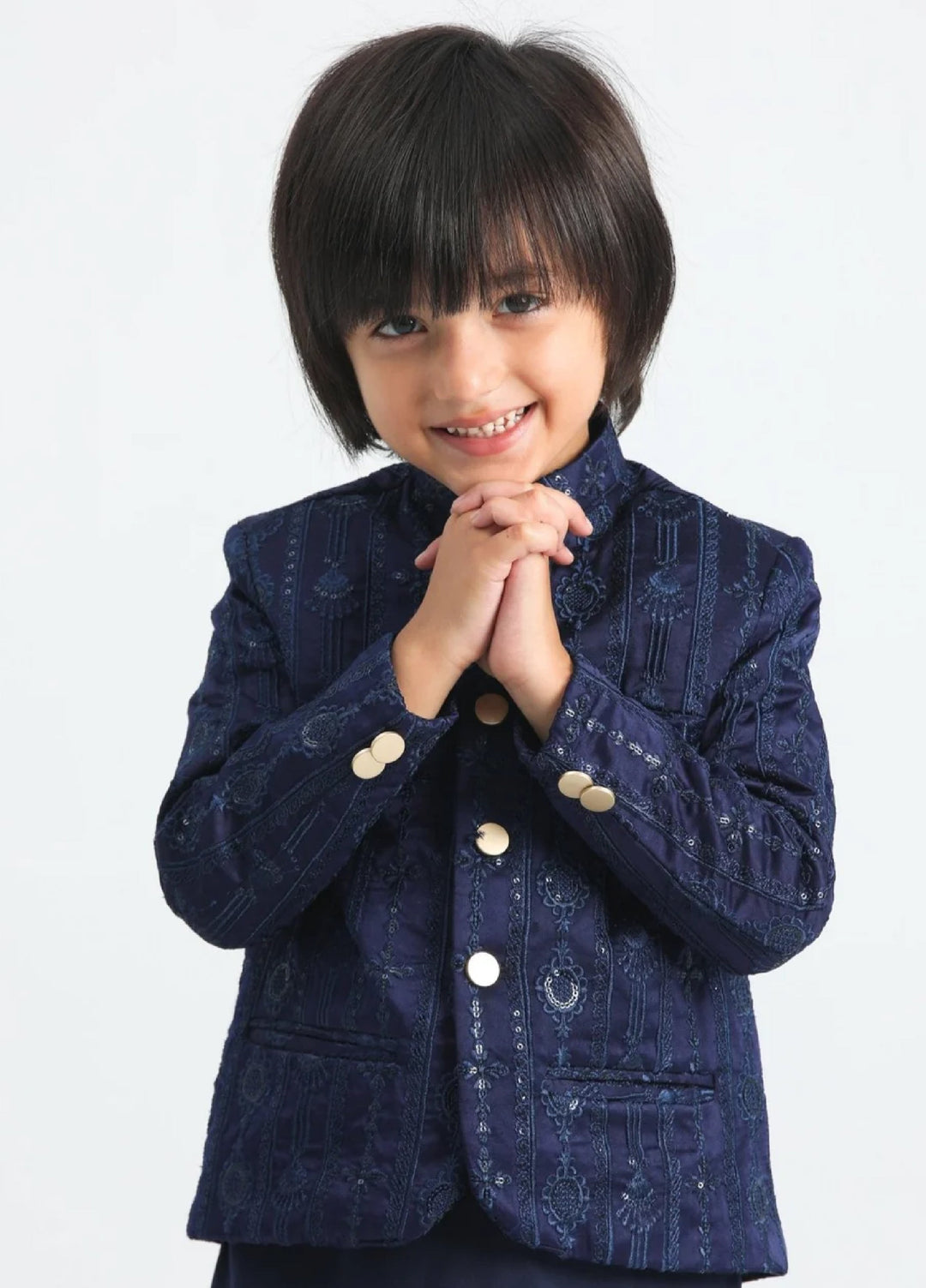 Muraqsh Ready To Wear Cotton Boys Navy Blue Kurta Trouser with Sequin Embroidered Prince Coat ABD-ASB3S - Summer Collection