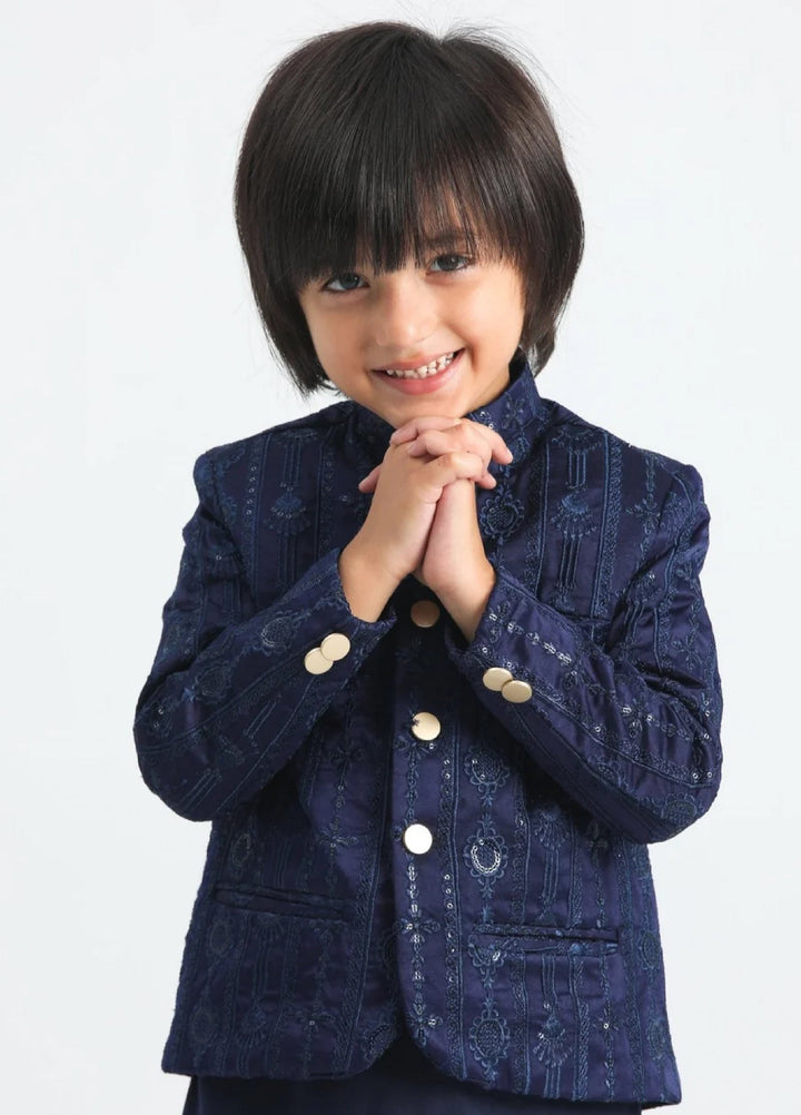 Muraqsh Ready To Wear Cotton Boys Navy Blue Kurta Trouser with Sequin Embroidered Prince Coat ABD-ASB3S - Summer Collection