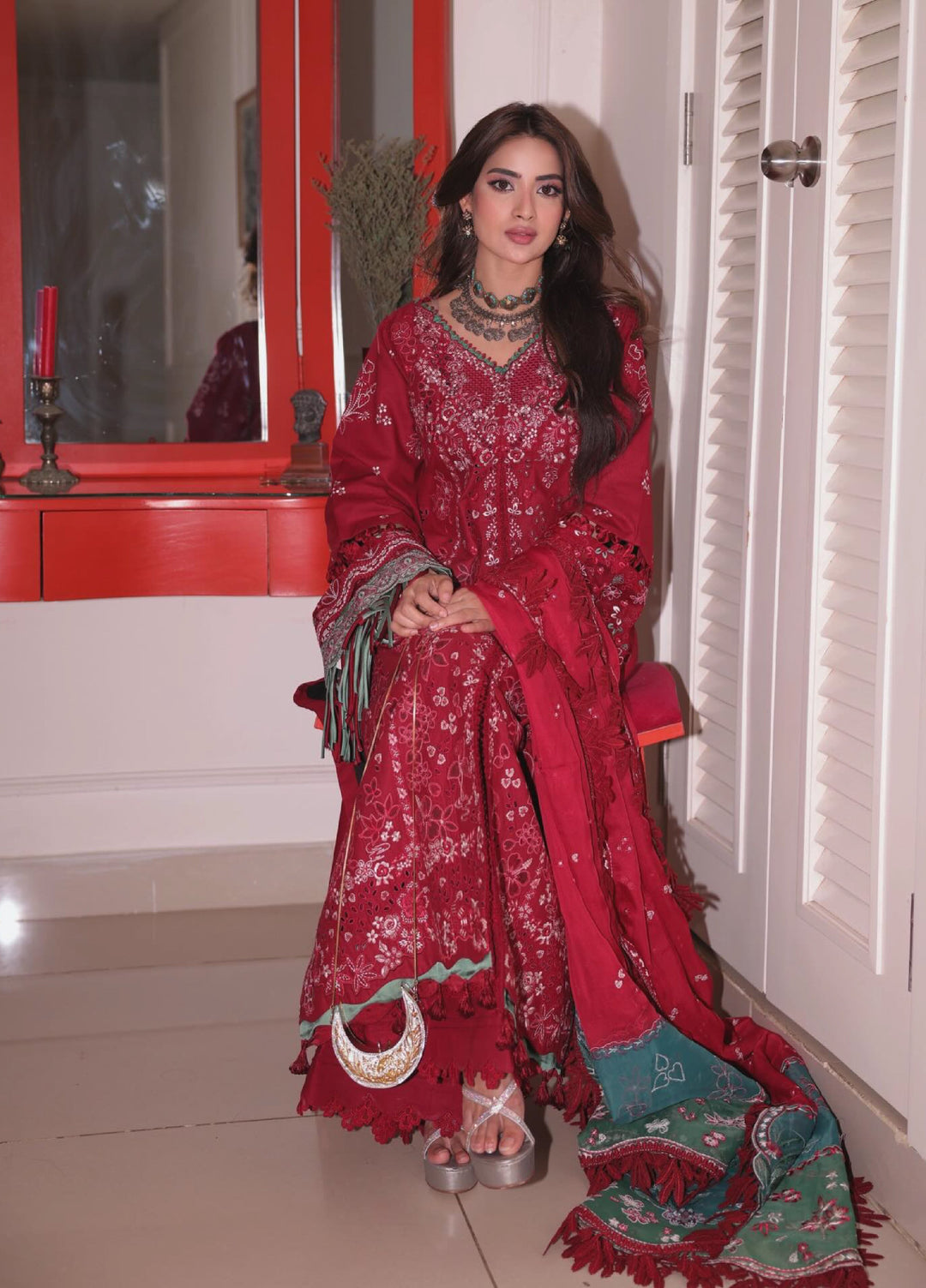 Camelia by Sundas Ahad Unstitched Embroidered Luxury Lawn 3 Piece Suit SNA26UC EL-02 Red Rouge - Festive Collection