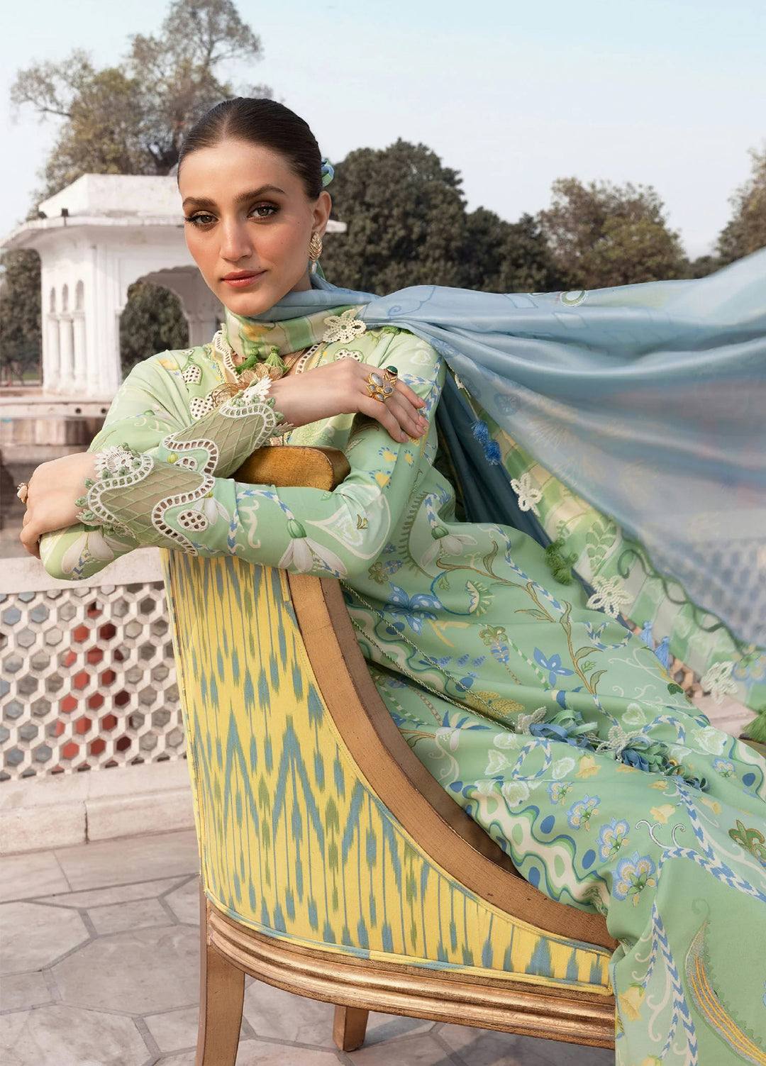 Flow by Crimson Unstitched Embroidered Lawn 3 Piece Suit CR26UFL D6 B-Apple Green - Festive Collection
