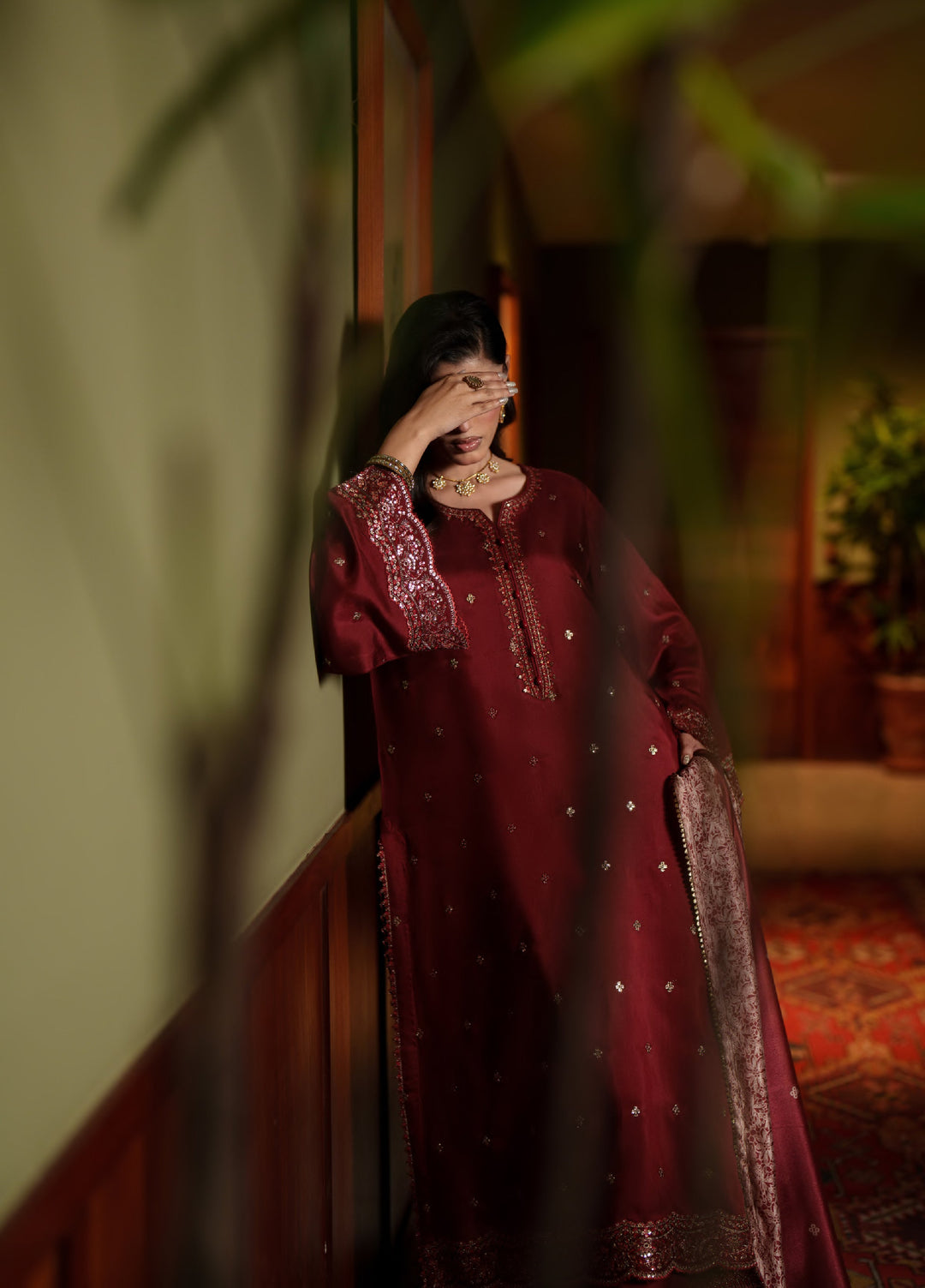 Elara by Casuallite RTW Embroidered Silk Viscose 3 Piece Suit CL26PSE D1 Aurelia Wine - Festive Collection