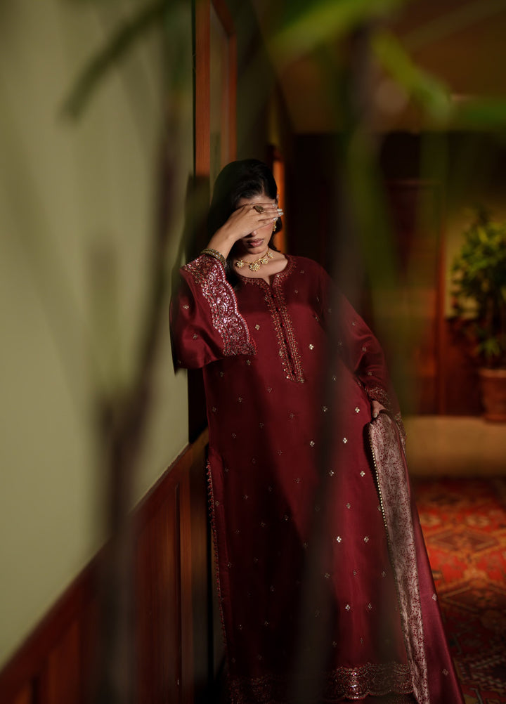 Elara by Casuallite RTW Embroidered Silk Viscose 3 Piece Suit CL26PSE D1 Aurelia Wine - Festive Collection
