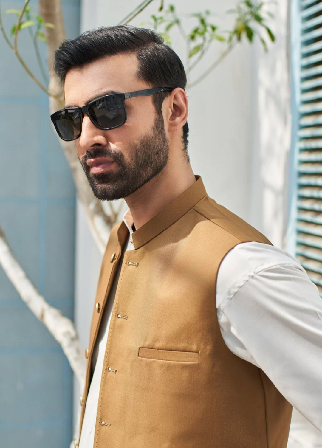 Muraqsh Ready To Wear Solids Cotton Men Off White Kameez Shalwar with Camel Suiting Waistcoat Round Cut MUR-COW - Summer Collection