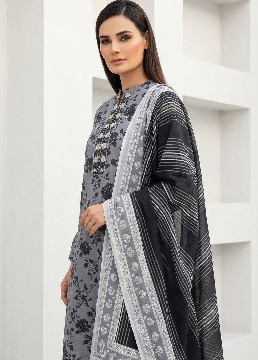 Black N White by Regalia Textiles Unstitched Printed Lawn 3 Piece Suit RG26ULBW D2 - Casual Collection