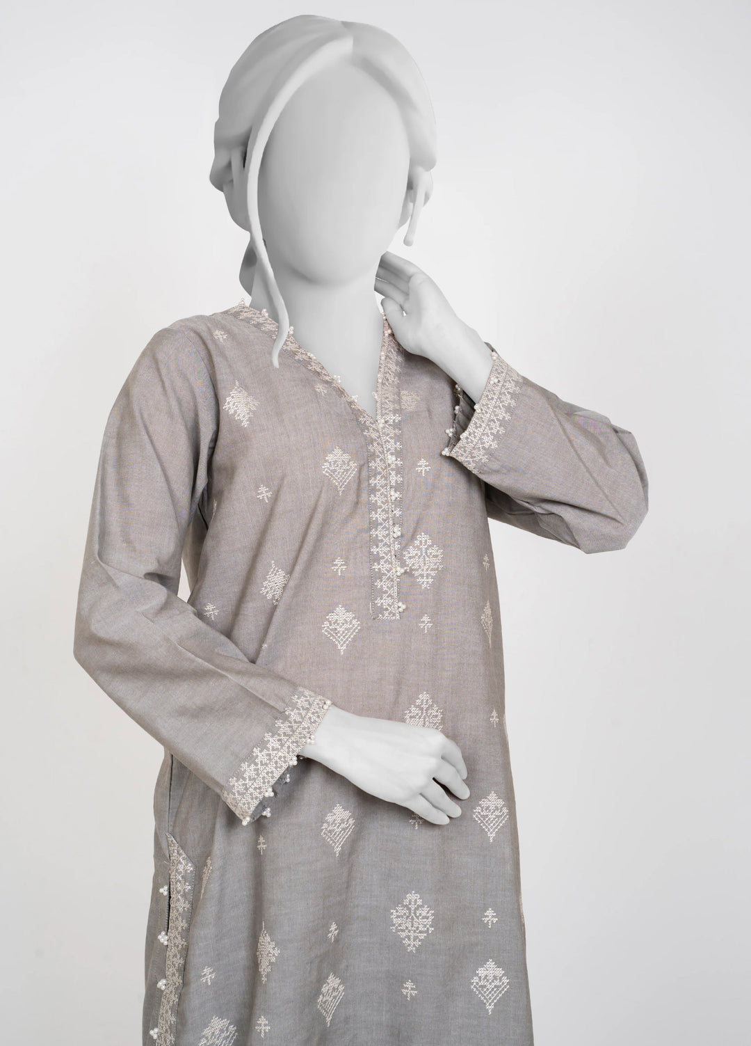 Ayla Studio Women Pret Chambray Solid Embroidered 2-Piece RTW Silver Grey - Winter Collection