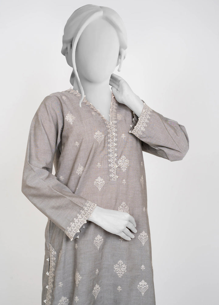 Ayla Studio Women Pret Chambray Solid Embroidered 2-Piece RTW Silver Grey - Winter Collection