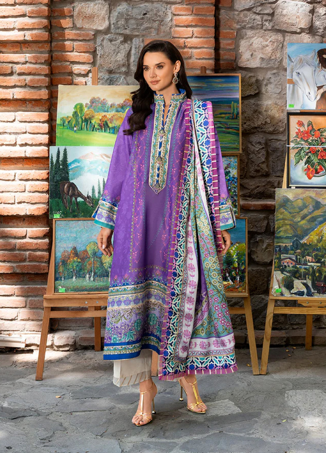 Mushq Hemline Echoes Of Serneity Unstitched Festive Raw Silk Printed 3 Piece MQ25ES D-02 Cosmic Spindle - Festive Collection