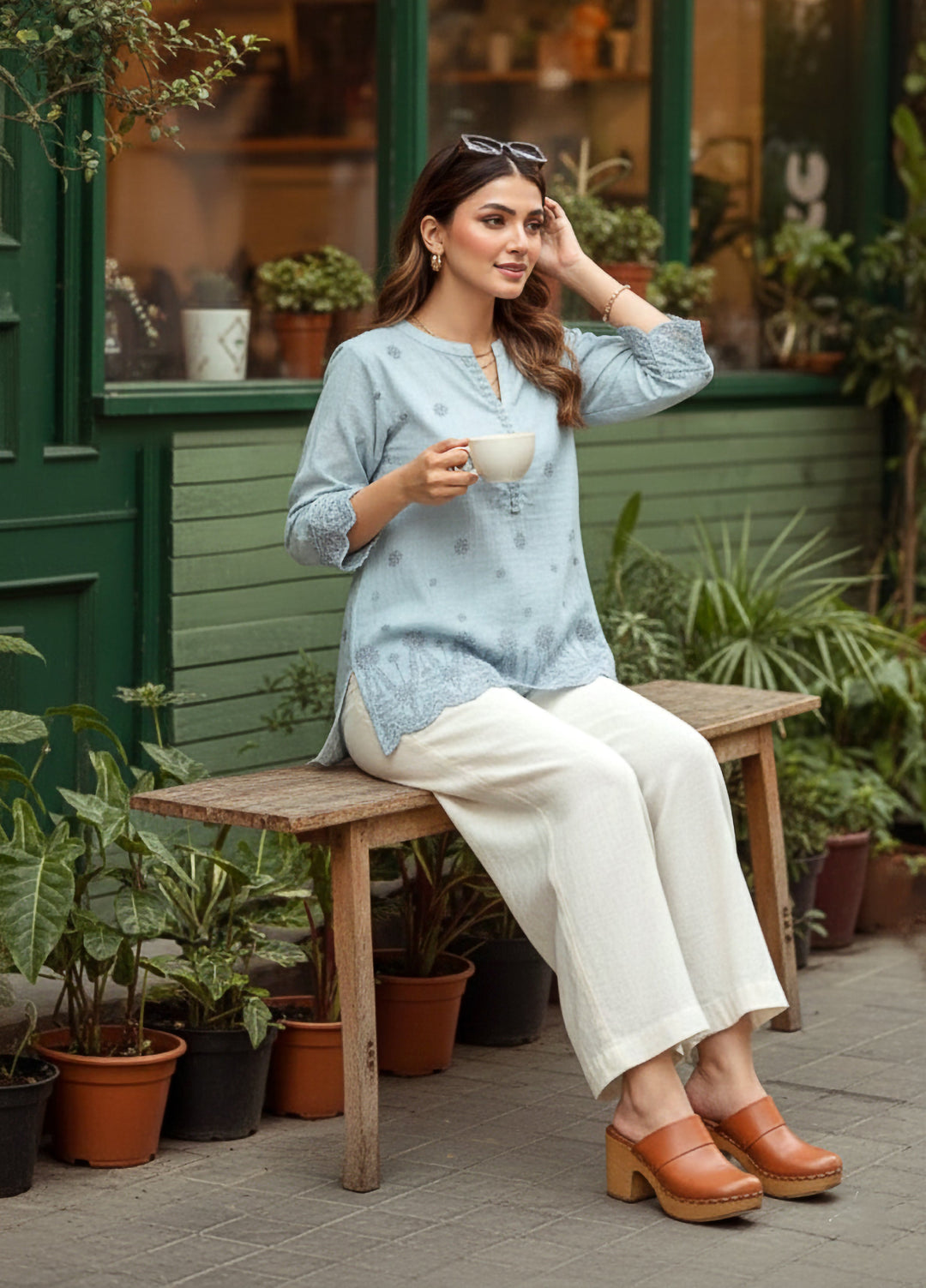 Lakhany Women Pret Embroidered Cambric Shirt Sky blue - Winter Collection