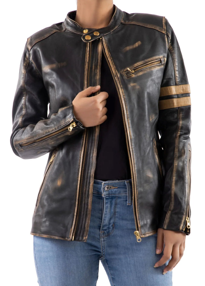 Jild Bomber Jacket Solids Distressed Racer Vintage Leather Jacket Women Black - Winter Collection