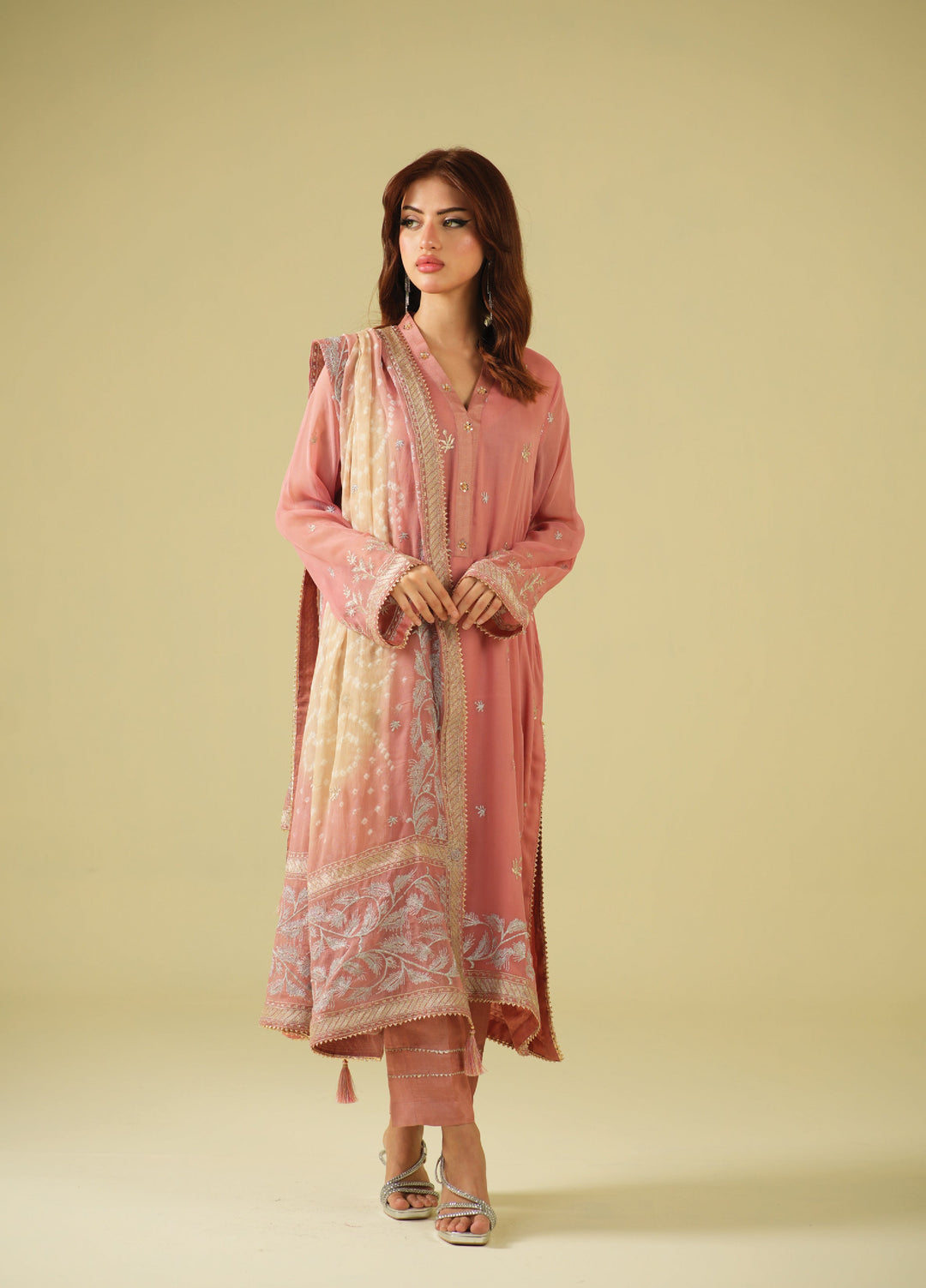 Satrang by Zouj Unstitched Chunri Chiffon Embroidered Suits 3 Piece ZJ25SC ZJCH-0031 Peach - Festive Collection