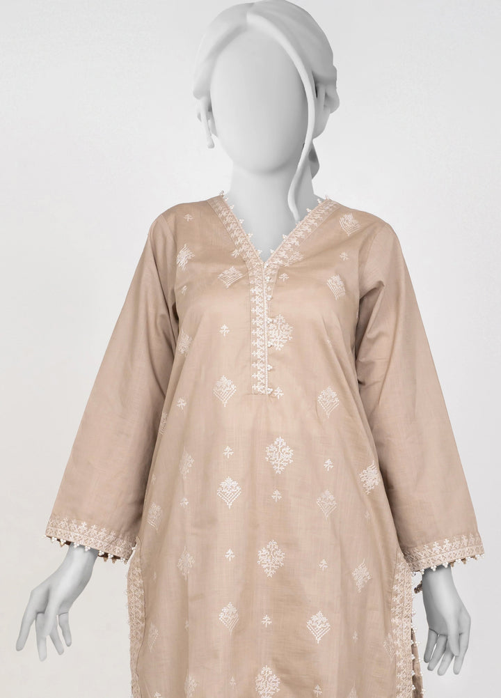 Ayla Studio Women Pret Chambray Solid Embroidered 2-Piece RTW Mushroom Beige - Winter Collection