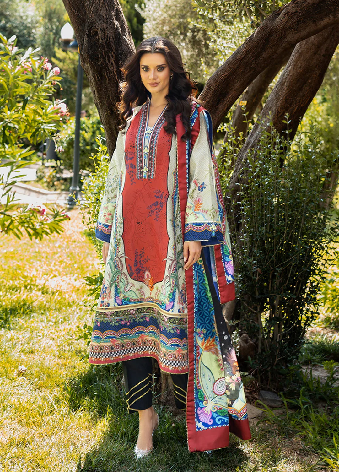 Mushq Hemline Echoes Of Serneity Unstitched Festive Raw Silk Printed 3 Piece MQ25ES D-05 Ethereal Gleam - Festive Collection