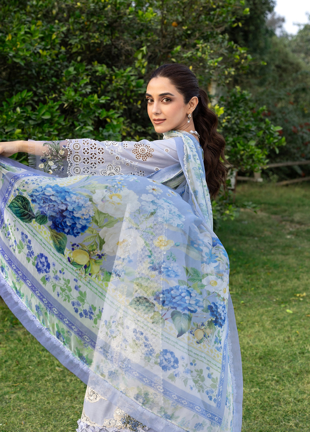 Elaf Premium Unstitched Embroidered Luxury Lawn 3 Piece Suit EL26UPL ELY-12 SKY BLISS - Summer Collection