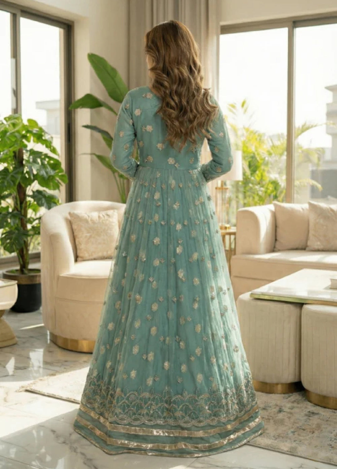 Essentials by Diara Couture Women Pret Embroidered Organza 3 Piece Suit Naranj US-510 Aqua - Wedding Collection