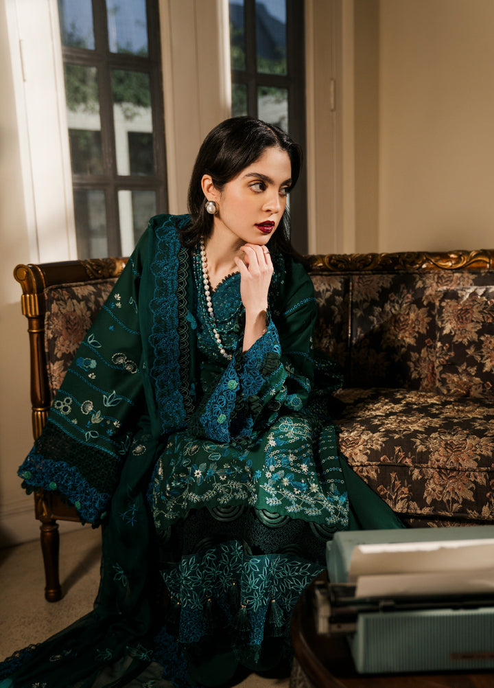 Camelia by Sundas Ahad Unstitched Embroidered Luxury Lawn 3 Piece Suit SNA26UC EL-07 Bottle Green - Festive Collection