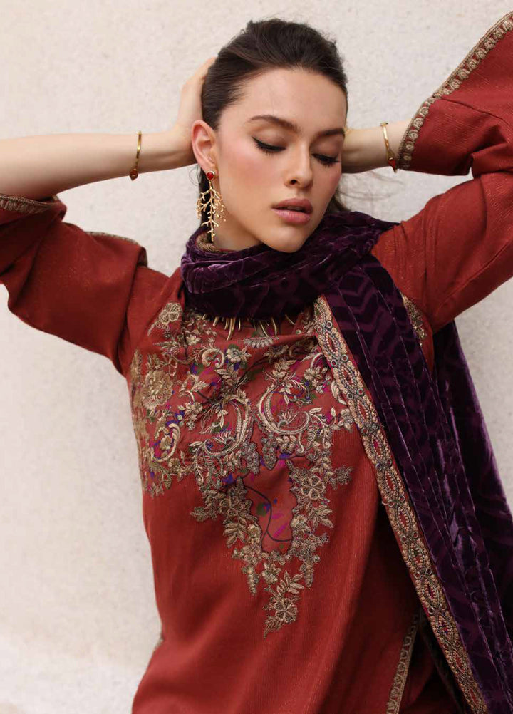 Poshima by Charizma Unstitched Peach Leather Embroidered Suit with Velvet Shawl 3 Piece CRZ25LW PSW5-22 - Winter Collection