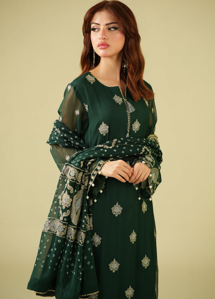 Satrang by Zouj Unstitched Chunri Chiffon Embroidered Suits 3 Piece ZJ25SC ZJCH-0030 Dark Green - Festive Collection