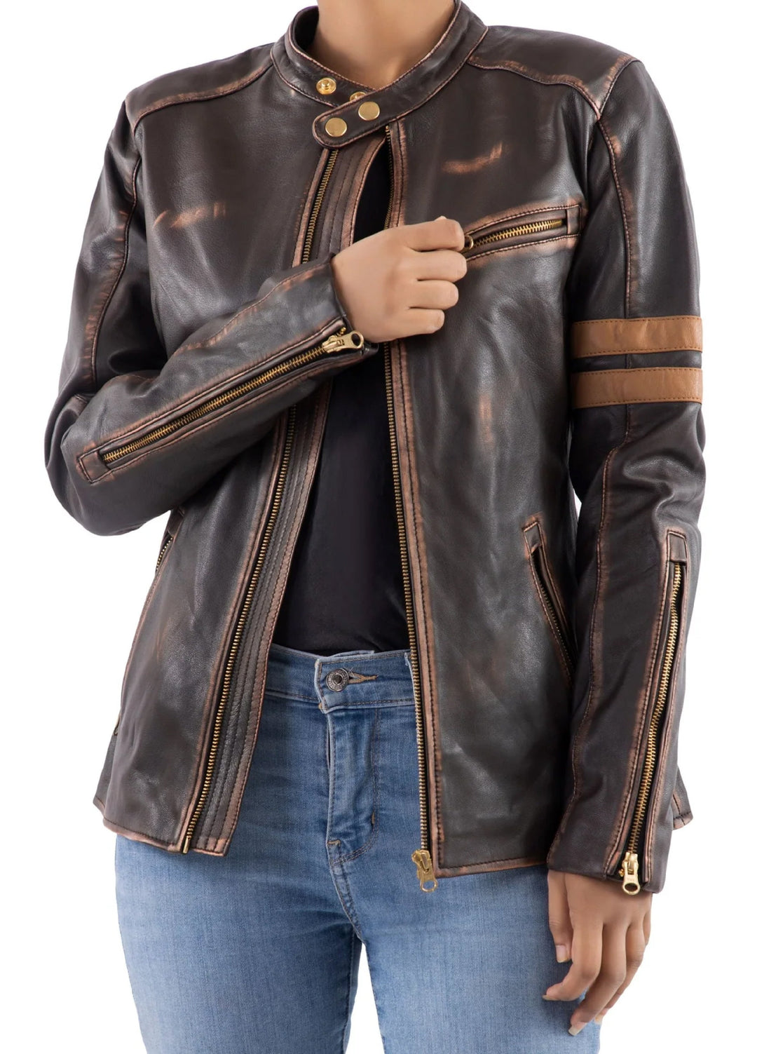 Jild Bomber Jacket Solids Distressed Racer Vintage Leather Jacket Women Brown - Winter Collection