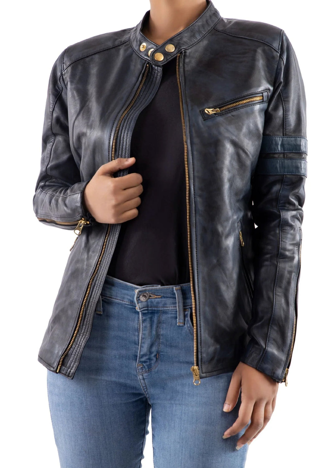 Jild Bomber Jacket Solids Distressed Racer Vintage Leather Jacket Women Blue - Winter Collection