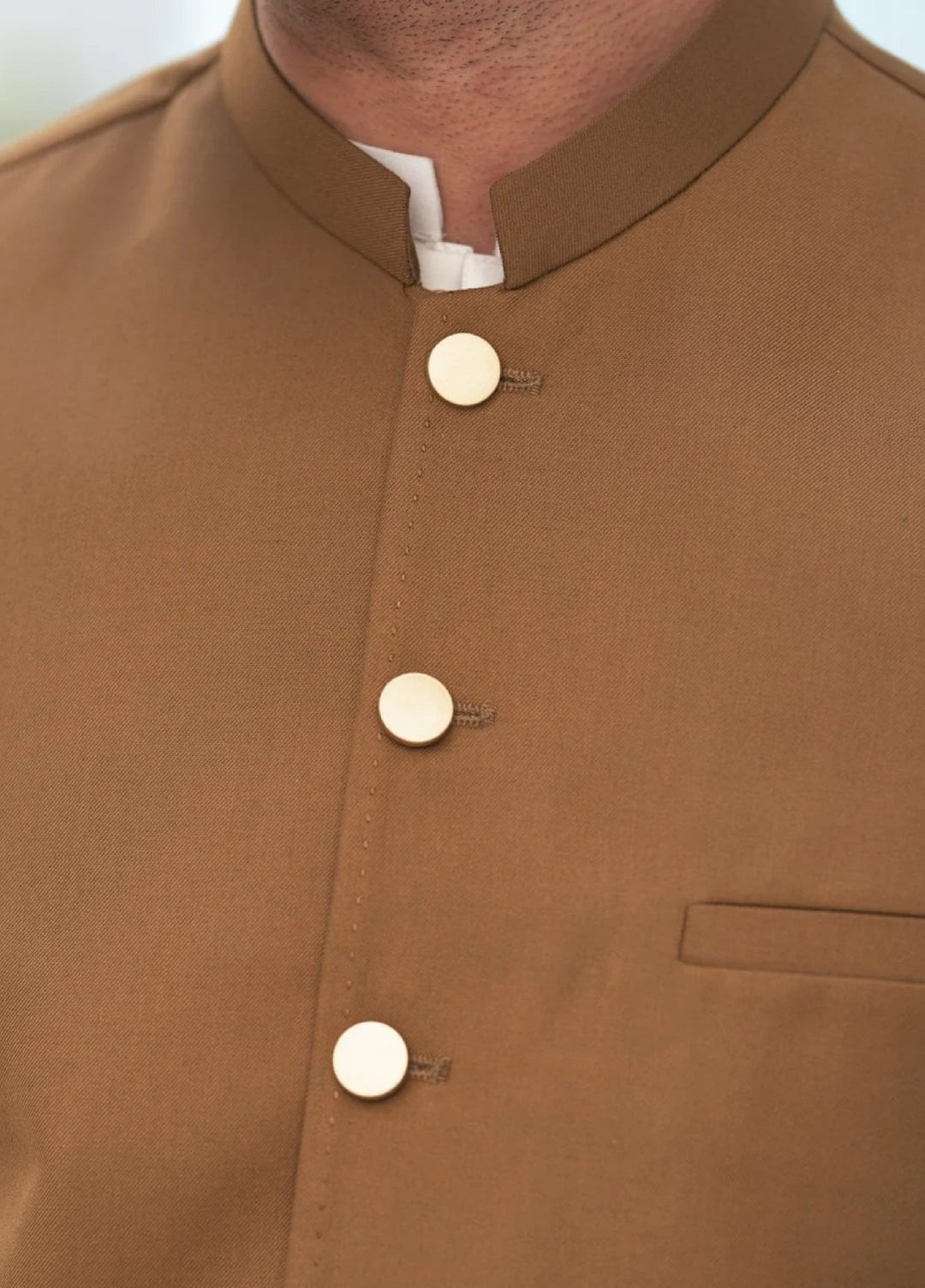 Muraqsh Ready To Wear Solids Cotton Men Off White Kameez Shalwar with Camel Suiting Waistcoat Round Cut MUR-COW - Summer Collection