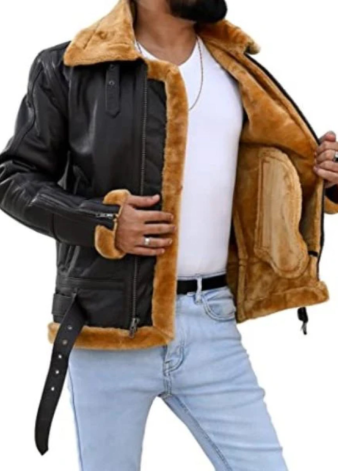 Jild Bomber Jacket Solids Mens Premium Shearling Fur Leather Jacket Brown - Winter Collection