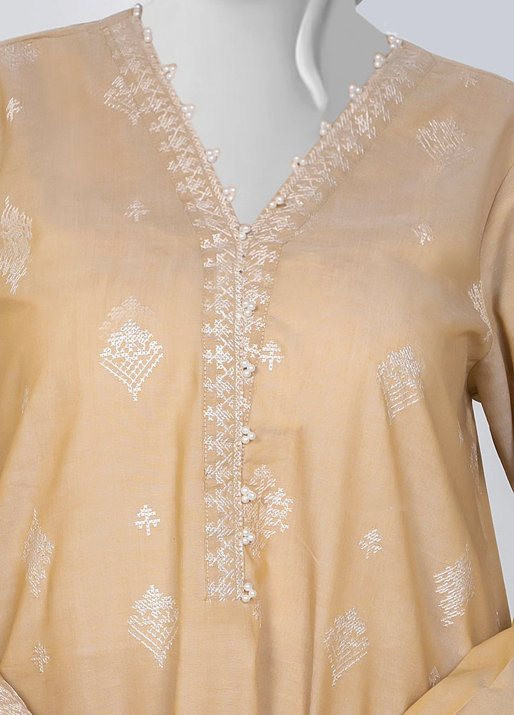 Ayla Studio Women Pret Chambray Solid Embroidered 2-Piece RTW Beige - Winter Collection