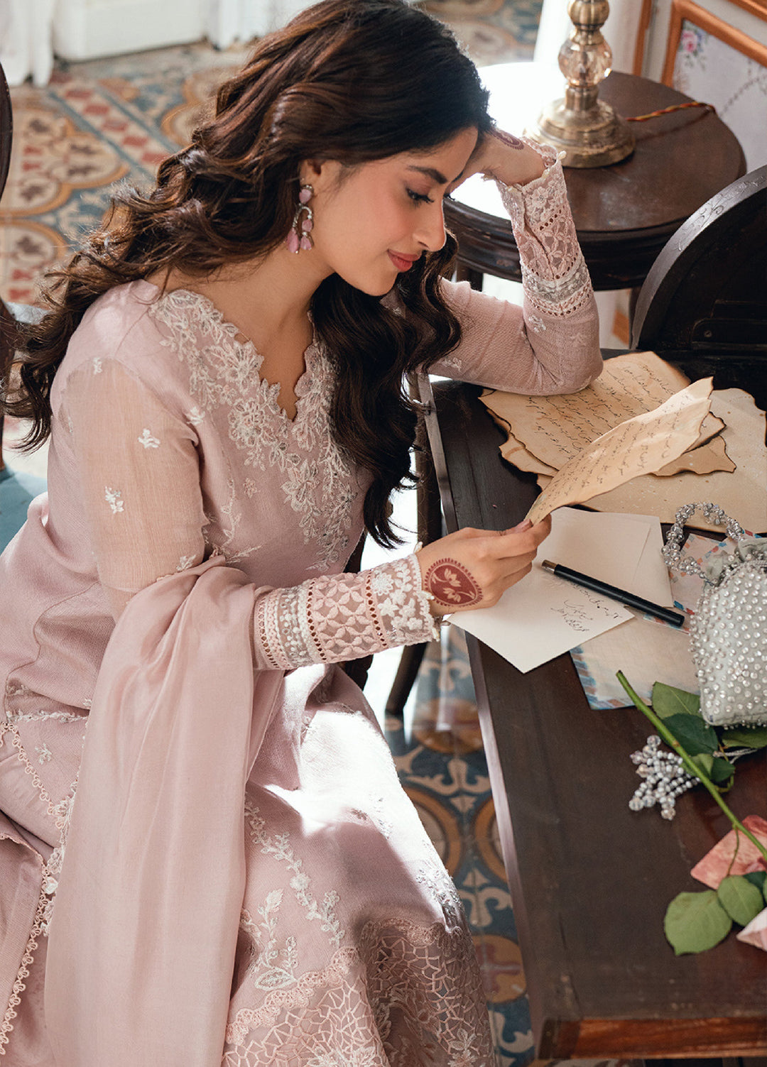 Eid Ensembles by Azure Unstitched Embroidered Khaddi Net 3 Piece Suit AZ26UEE ES-139 Rose Bud - Eid Collection