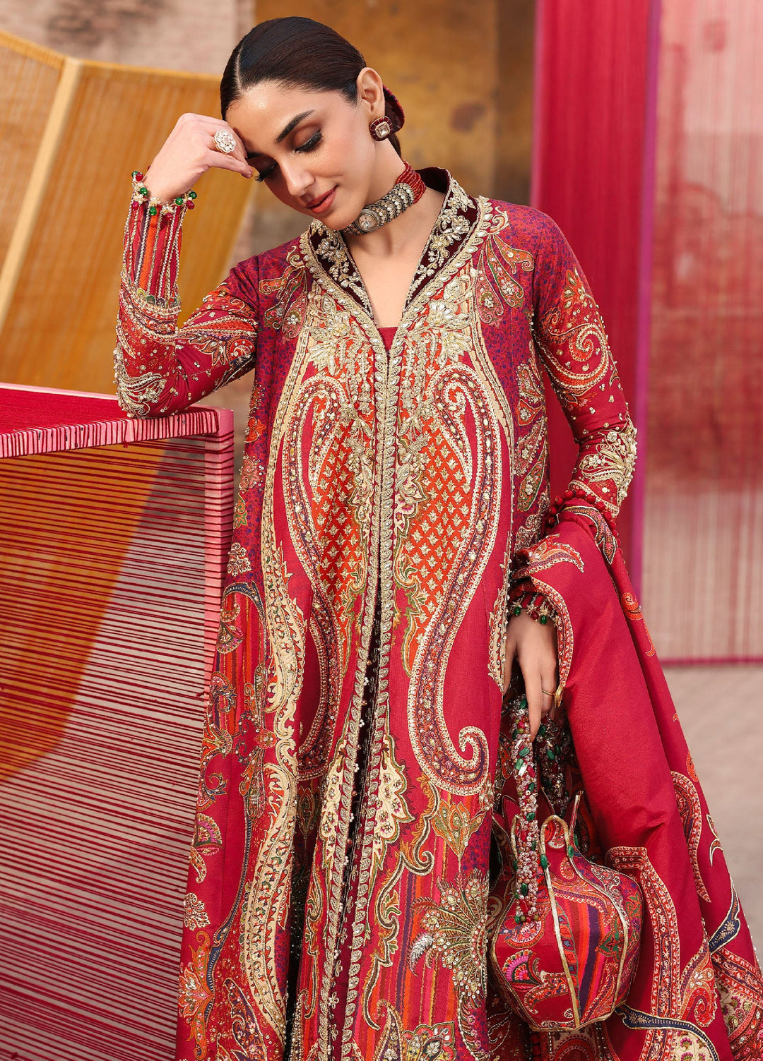 Crimson Unstitched Embroidered Silk 3 Piece Suit CR26UW D-1 Damini Scarlet - Festive Collection