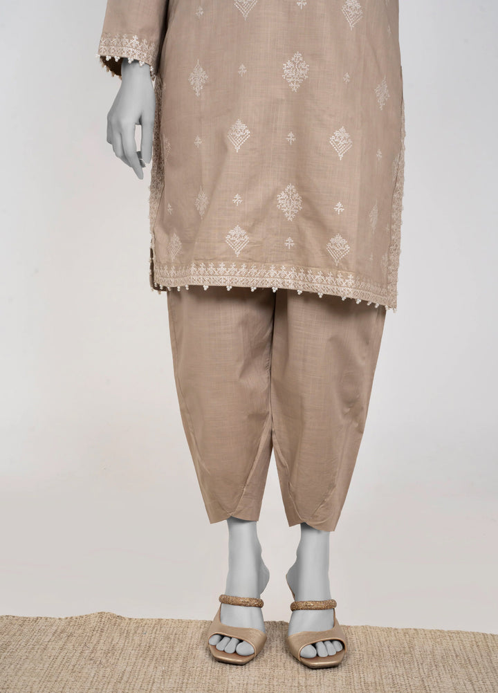 Ayla Studio Women Pret Chambray Solid Embroidered 2-Piece RTW Mushroom Beige - Winter Collection