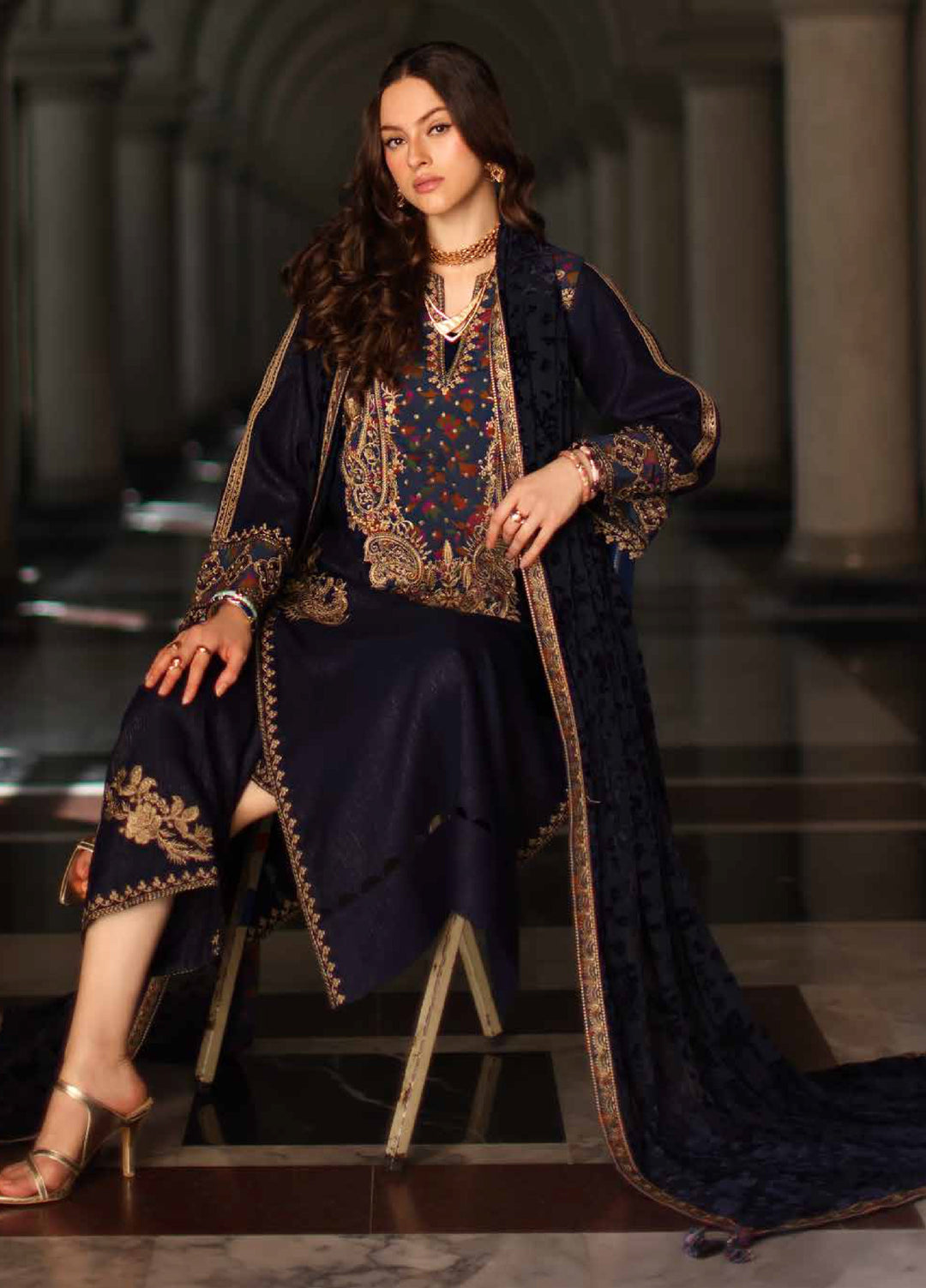 Poshima by Charizma Unstitched Peach Leather Embroidered Suit with Velvet Shawl 3 Piece CRZ25LW PSW5-16 - Winter Collection