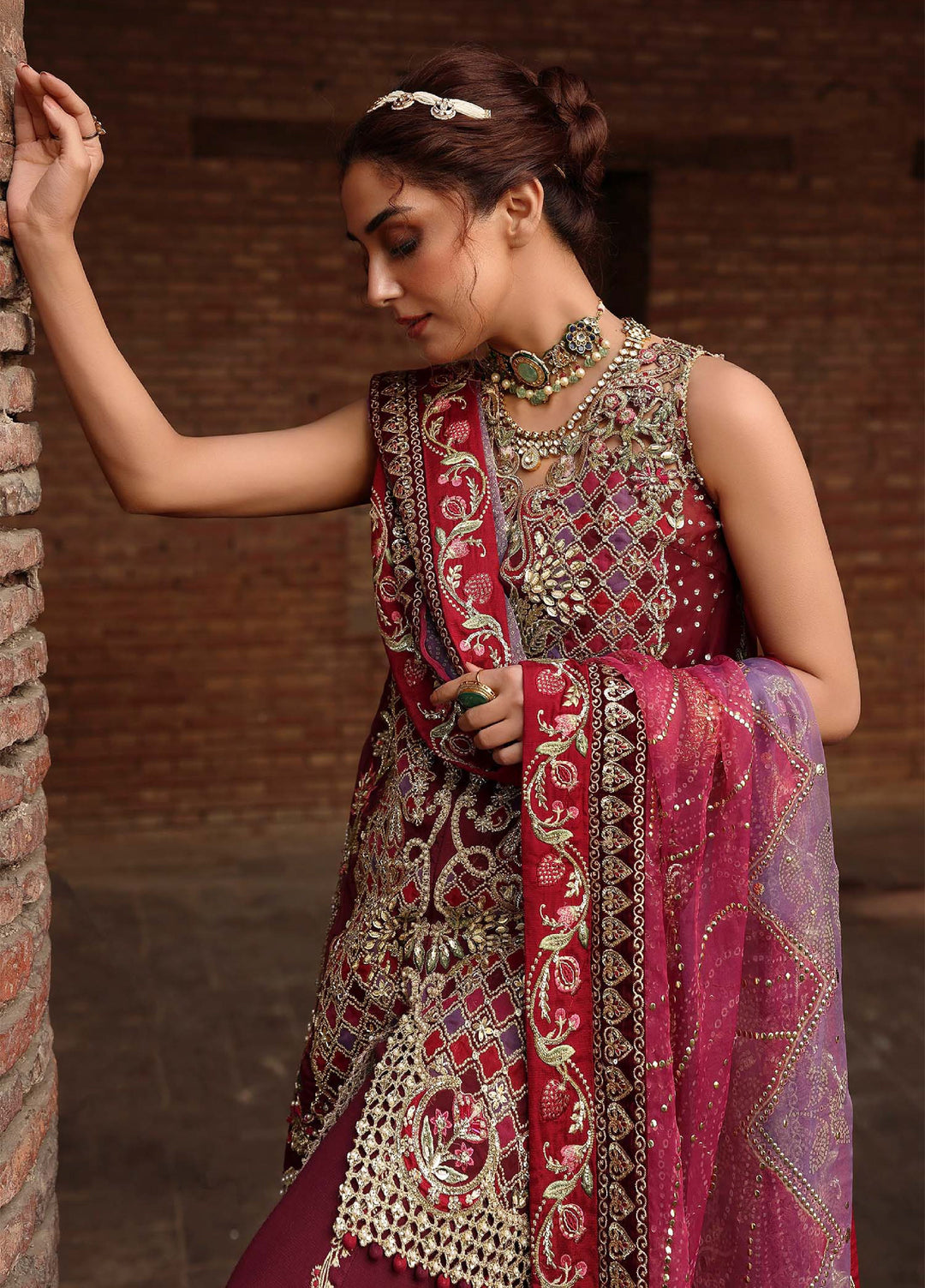 Crimson Unstitched Embroidered Organza 3 Piece Suit CR26UW D-2 Nazo Wine - Festive Collection