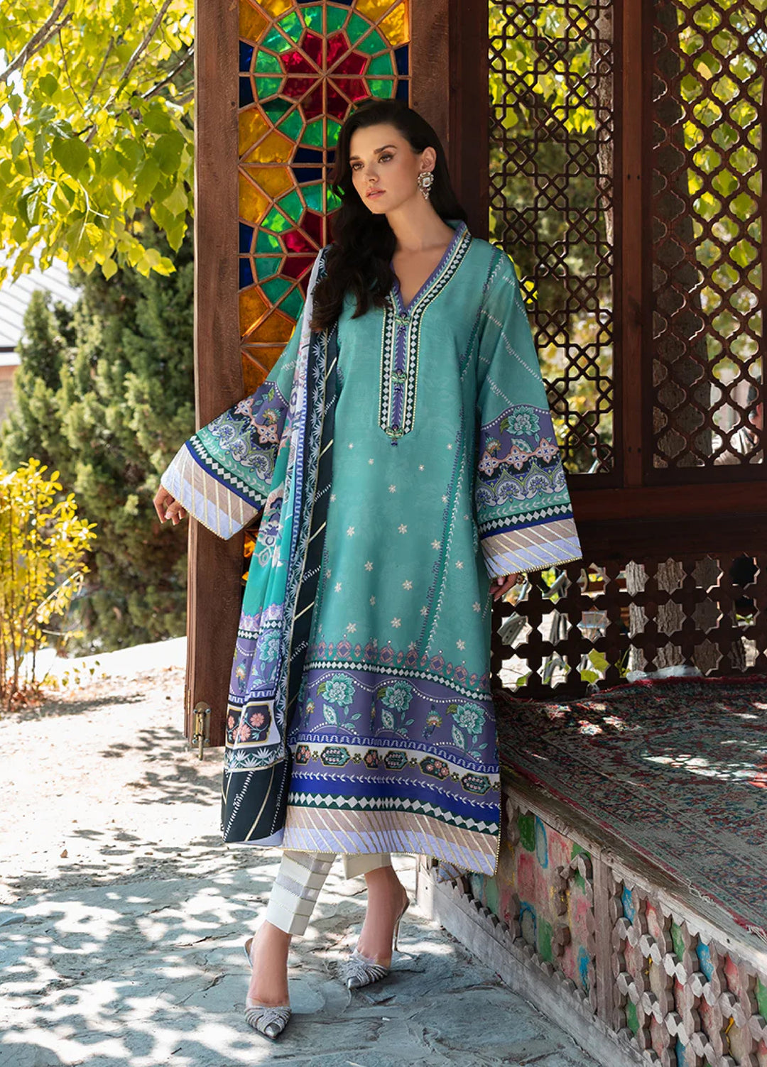 Mushq Hemline Echoes Of Serneity Unstitched Festive Raw Silk Printed 3 Piece MQ25ES D-10 Lunar Dew - Festive Collection