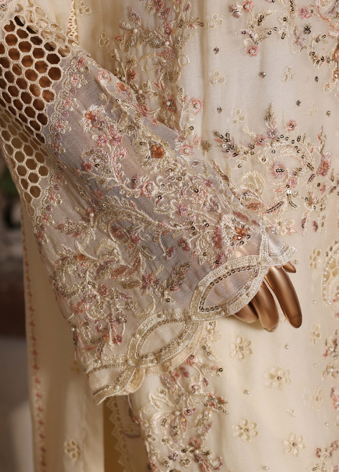 Fasane by HZ Textiles RTW Embroidered Chiffon 3 Piece Suit HZ26UCF HZK-236 Cream - Festive Collection
