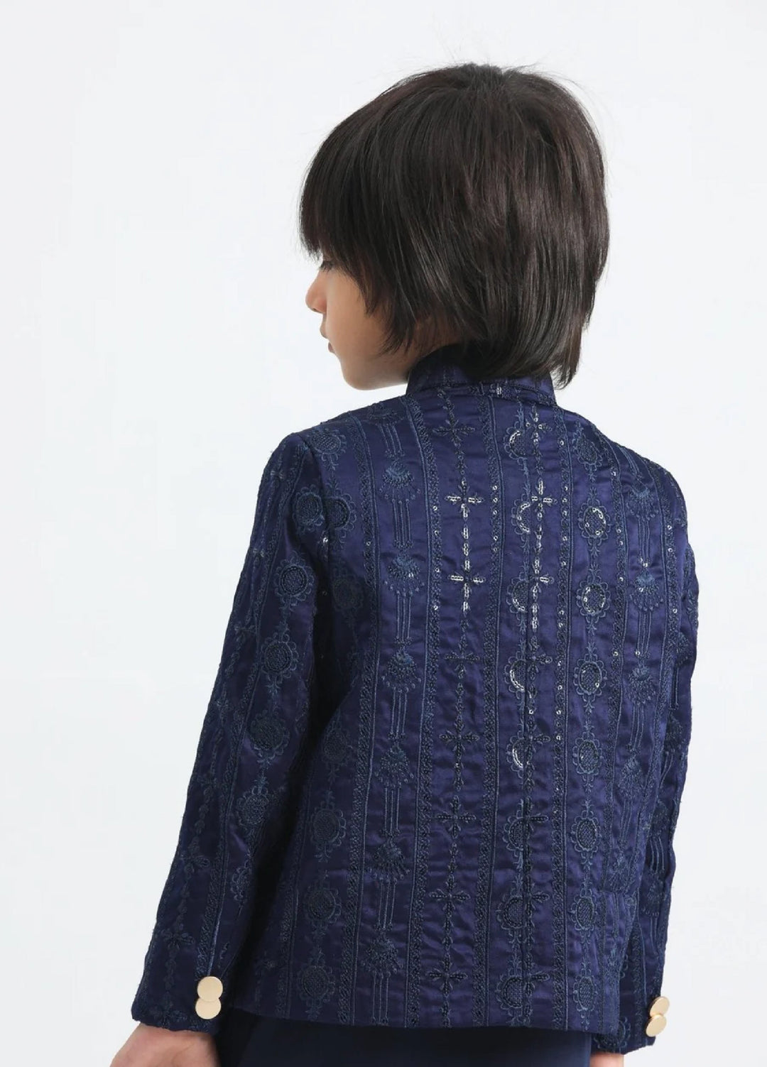 Muraqsh Ready To Wear Cotton Boys Navy Blue Kurta Trouser with Sequin Embroidered Prince Coat ABD-ASB3S - Summer Collection