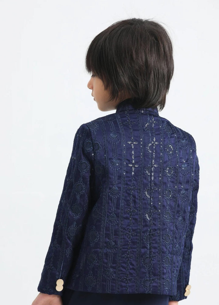 Muraqsh Ready To Wear Cotton Boys Navy Blue Kurta Trouser with Sequin Embroidered Prince Coat ABD-ASB3S - Summer Collection