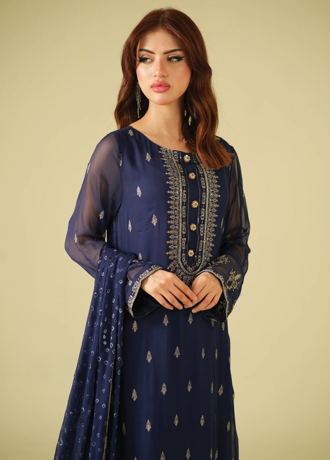 Satrang by Zouj Unstitched Chunri Chiffon Embroidered Suits 3 Piece ZJ25SC ZJCH-0032 Navy Blue - Festive Collection
