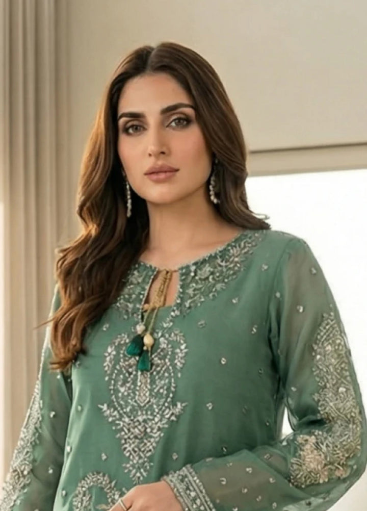 Essentials by Diara Couture Women Pret Embroidered Organza 3 Piece Suit Habiba DF-56 Green - Wedding Collection