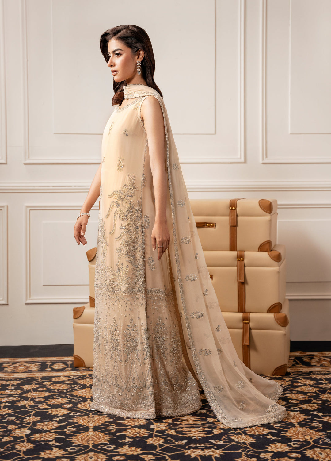 Check In by Zarizaa Embroidered Chiffon 3 Piece Suit ZZ26UCI CREME - Festive Collection