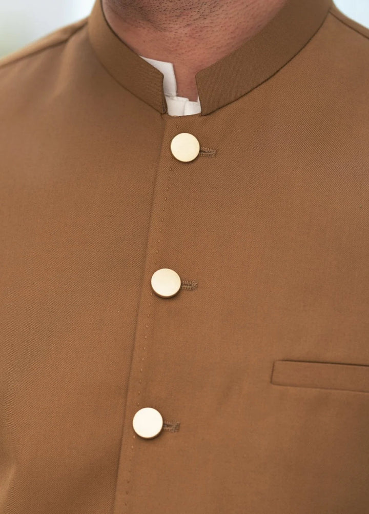 Muraqsh Ready To Wear Solids Cotton Men Off White Kameez Shalwar with Camel Suiting Waistcoat Round Cut MUR-COW - Summer Collection