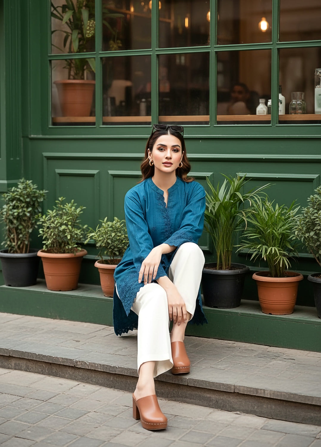 Lakhany Women Pret Embroidered Cambric Shirt  Teal - Winter Collection